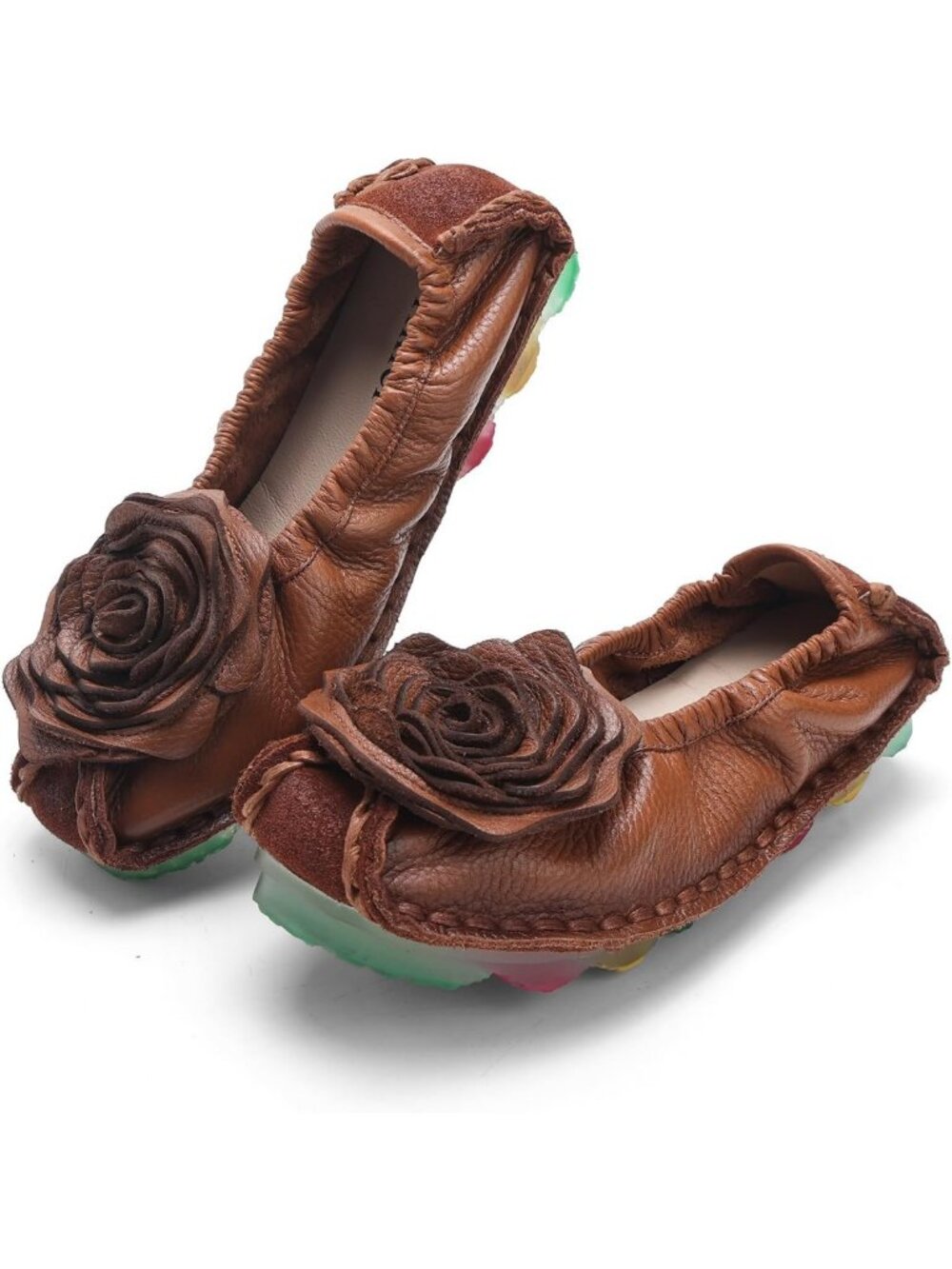 Genuine Leather Floral Loafers for Women - Comfortable Slip-On Non-Slip Flats
